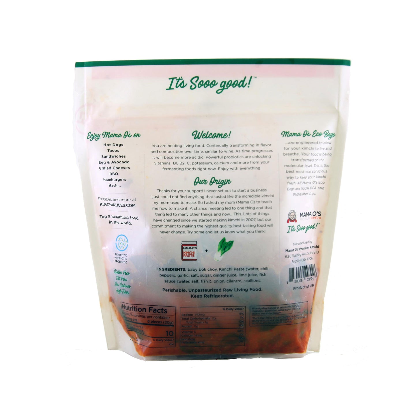 Back of a Mama O’s Premium Baby Bok Choy Kimchi bag for kimchi connoisseurs, featuring a welcome message, Shang Hai baby bok choy in the ingredients, product info, QR code, website, and nutrition facts on white packaging with green and orange accents.