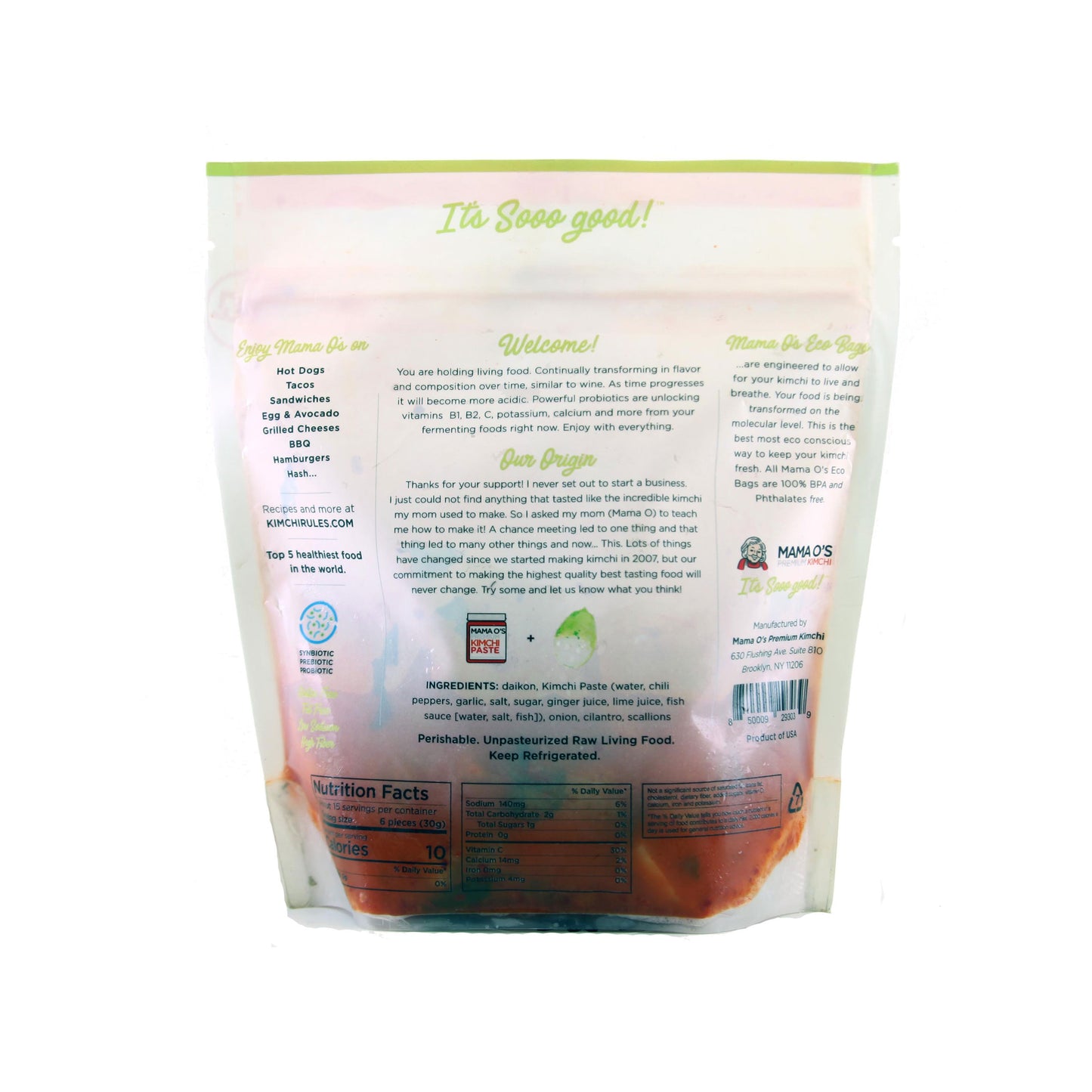 Back view of a clear, resealable pouch of Mama Os Premium Daikon Kimchi by Mama Os Premium Kimchi, showing orange kimchi and daikon radish. Packaging displays origin and nutrition info with a white, pink, and green design for bold flavor.