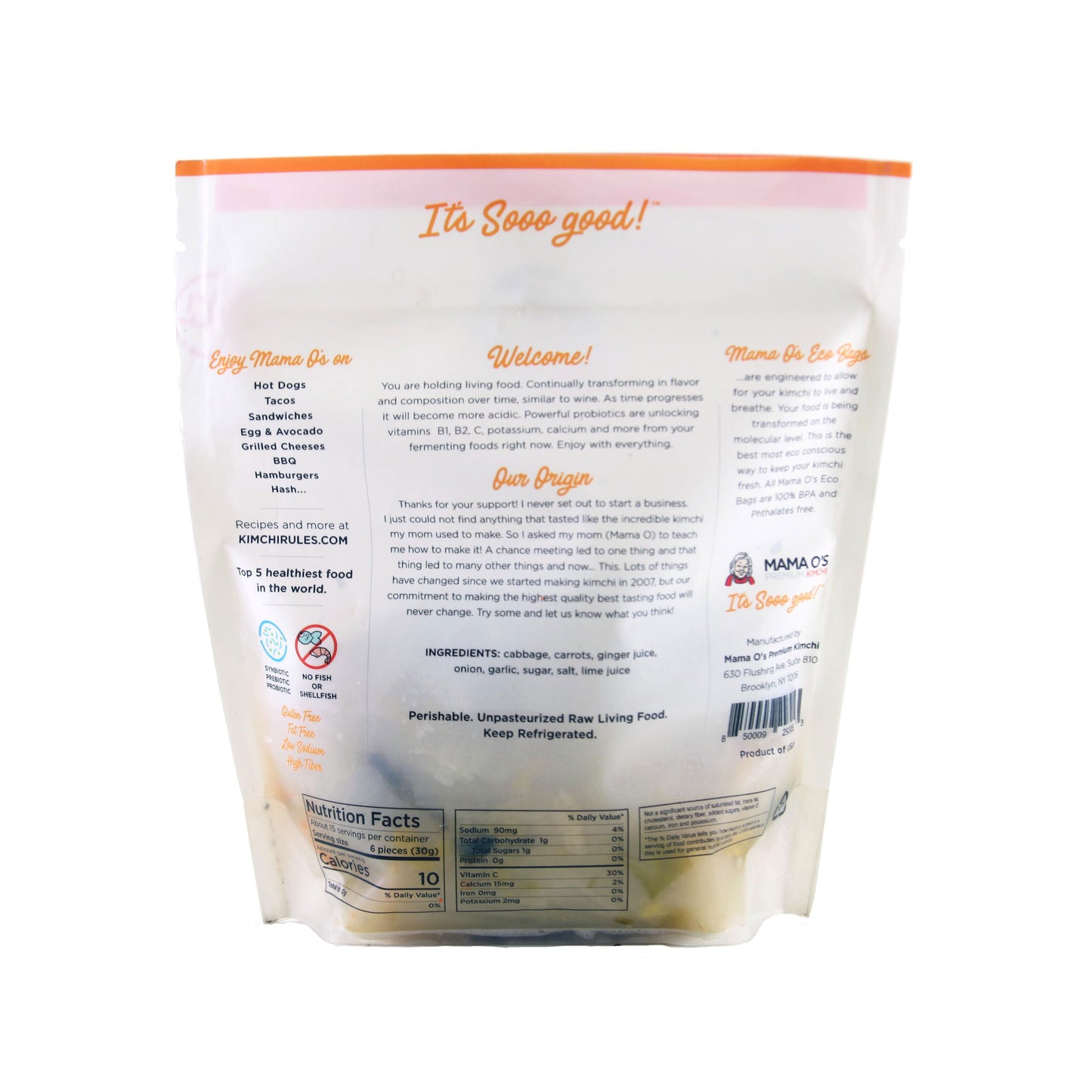 The back of Mama Os Premium White Kimchi by Mama Os Premium Kimchi features ingredients, nutrition facts, serving ideas, a product description, and storage info. The vegan packaging with orange accents highlights mild, probiotic-rich kimchi.