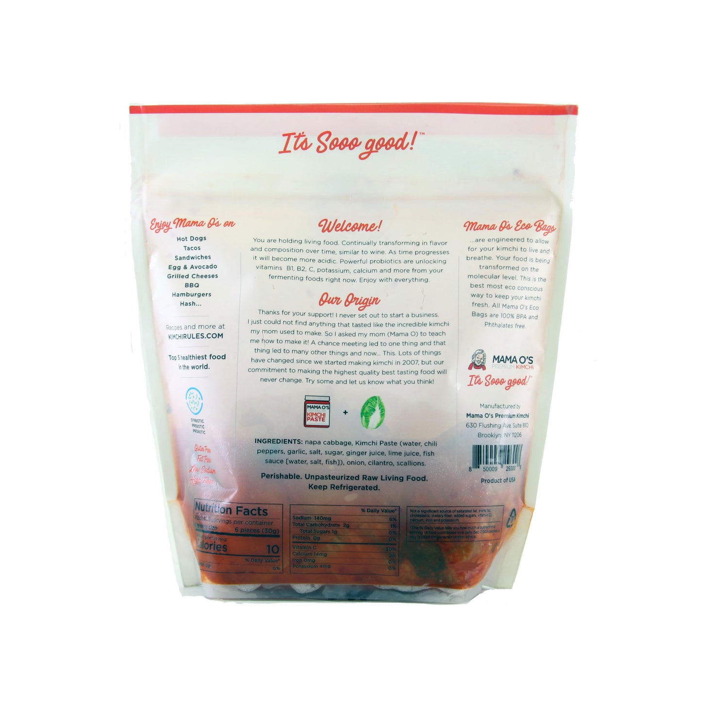 Back of a Mama Os Premium Kimchi pouch shows info about Mama Os Original Premium Kimchi, its Napa cabbage origin, ingredients, probiotics, nutrition facts, barcode, brand logo—with kimchi visible through the clear bottom of the bag.