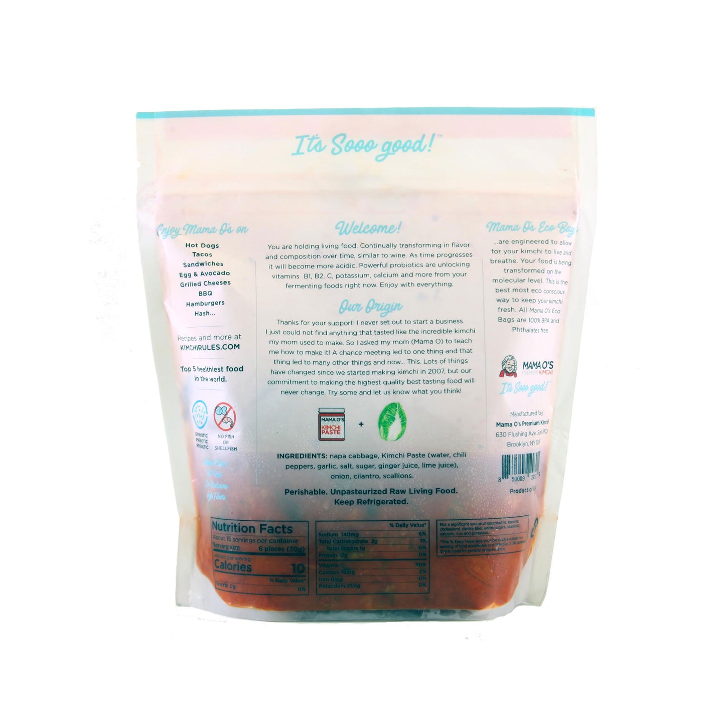 The back of a Mama Os Premium Vegan Kimchi package displays text, nutrition facts, logos, instructions, and a welcome message. The semi-transparent packaging reveals orange Napa Cabbage at the bottom.