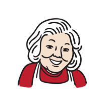 A simple illustration of an elderly woman with white hair, smiling, wearing a red shirt and a black apron, depicted on a plain black background.