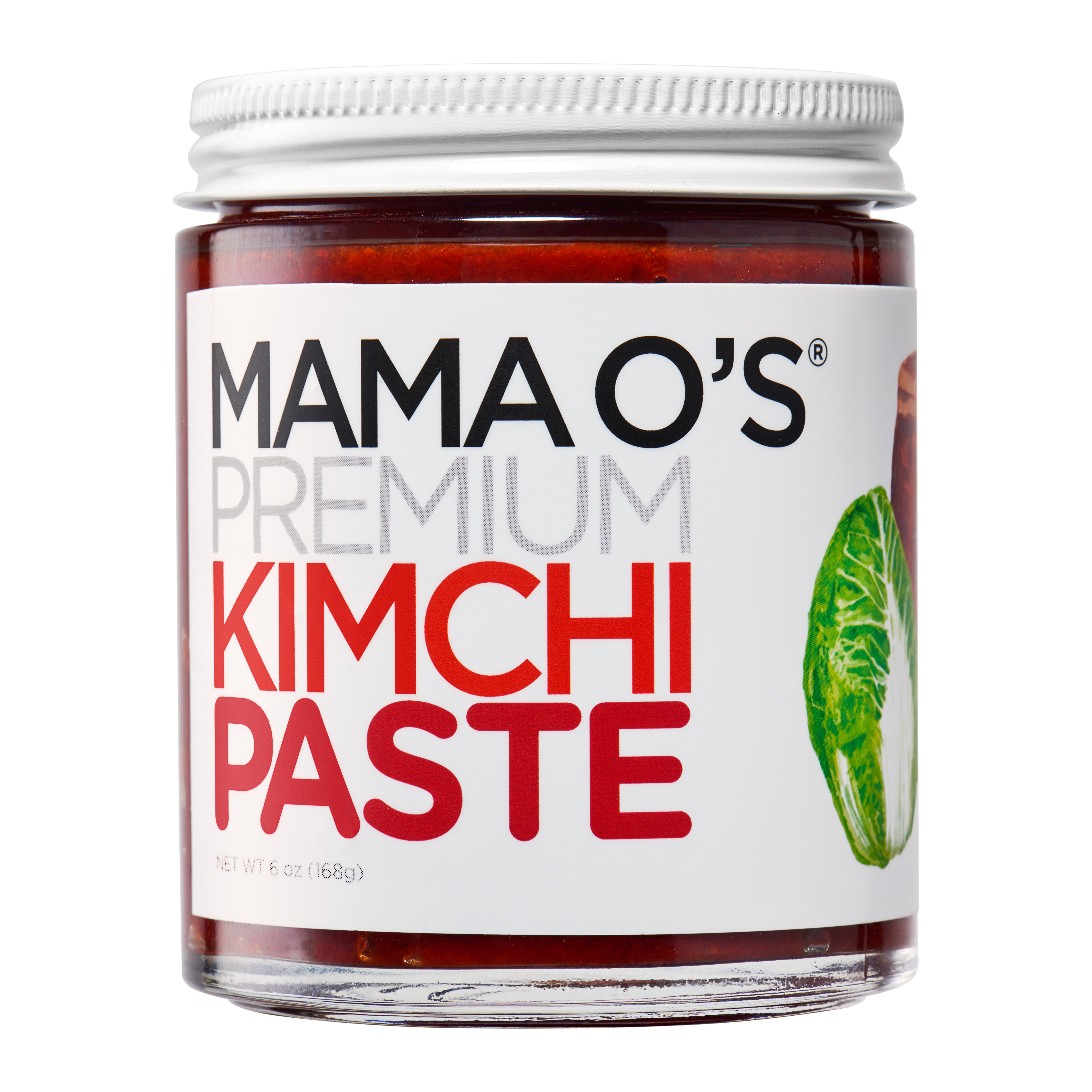 A glass jar labeled Mama Os Premium Kimchi Paste with a white lid and a partial image of green cabbage on the right side of the label. The jar contains 6 ounces (168g) of reddish paste.