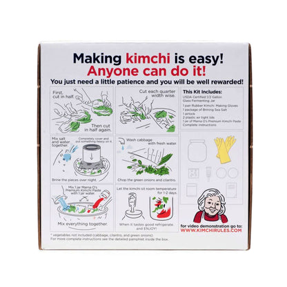 The back of the Mama Os Premium Homemade Kimchi Kit box from Mama Os Premium Kimchi has illustrated step-by-step instructions, tips, bold text—“Making kimchi is easy! Anyone can do it!”—plus a list of included ingredients and tools.