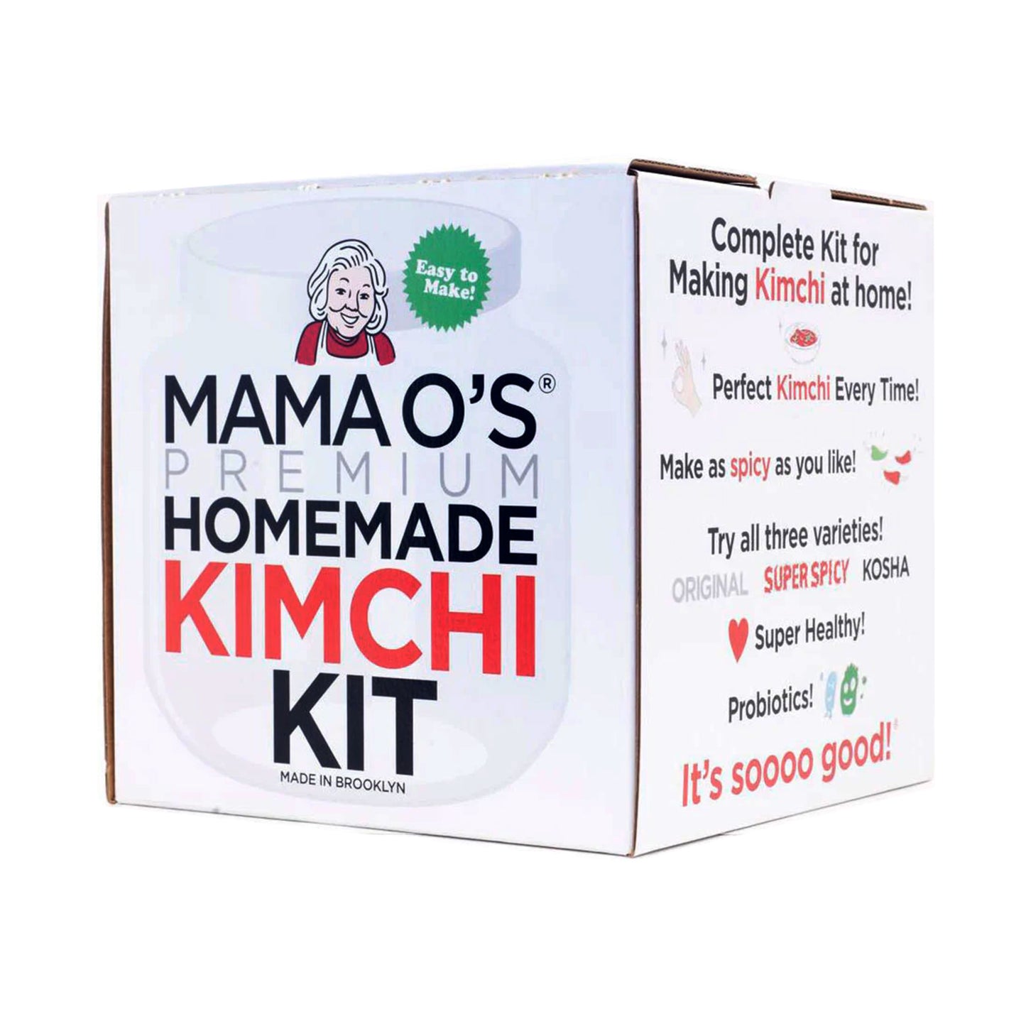 A box labeled Mama O’s Premium Homemade Kimchi Kit by Mama O’s Premium Kimchi. The kit highlights probiotic benefits, offers vegan kimchi options, and includes Original, Super Spicy, and Kosher varieties.