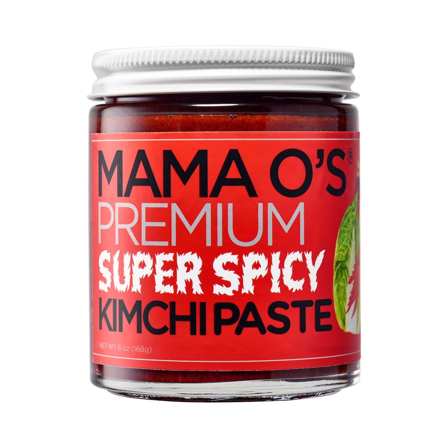 A jar of Mama O’s Premium Kimchi Super Spicy Kimchi Paste with a bright red label, metal lid, bold white and black text, napa cabbage leaf image, and Ghost Pepper for an extra spicy vegan kick.